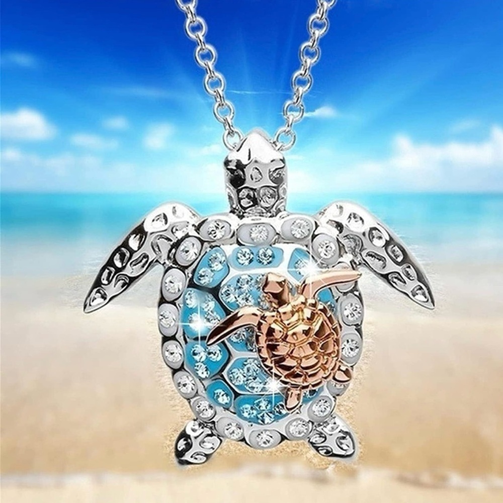 U-M Silver Created Blue Opal Sea Turtle Pendant Necklace NWT